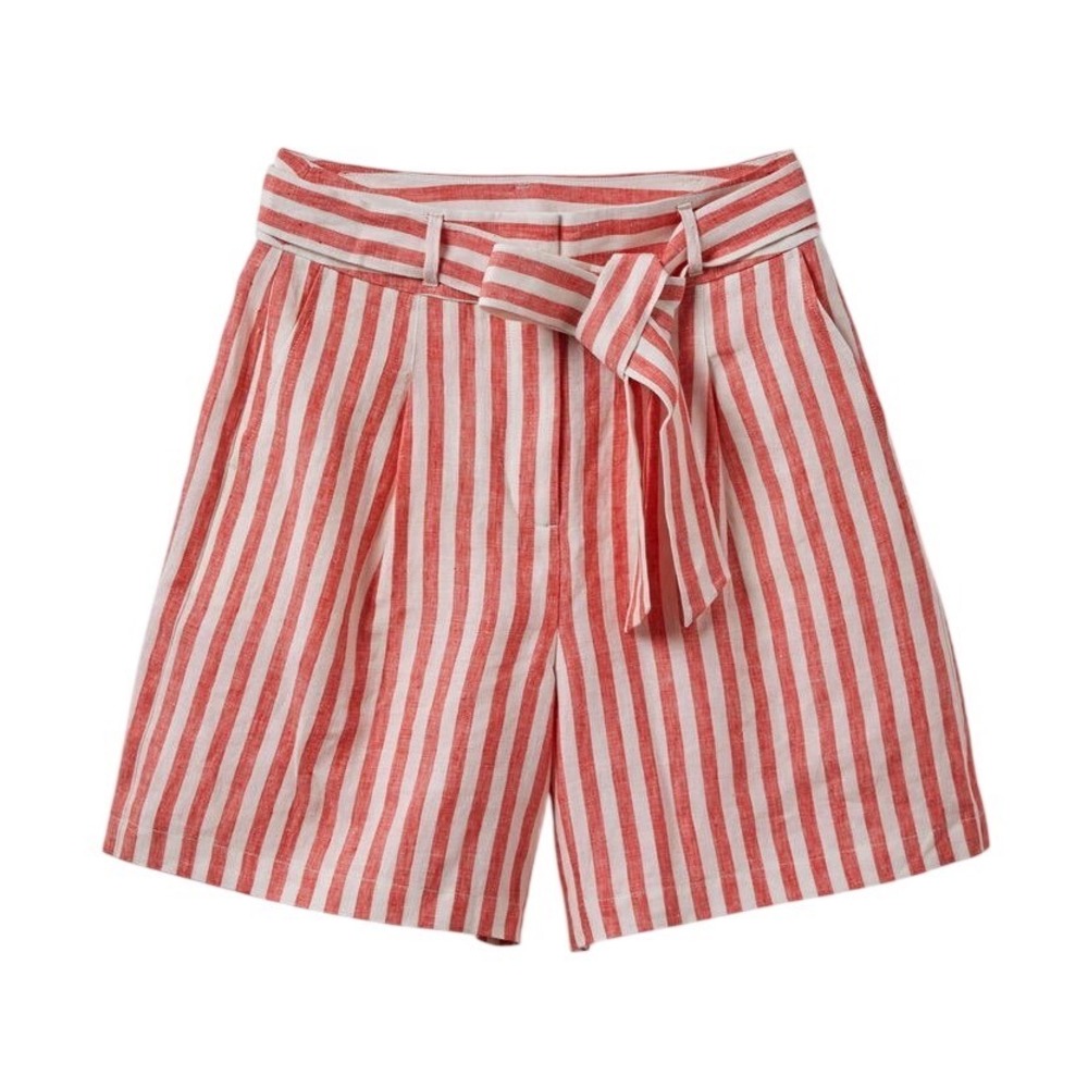 Boden Alma Tie Waist 100% Linen Shorts Striped Paperbag Red White Womens 2